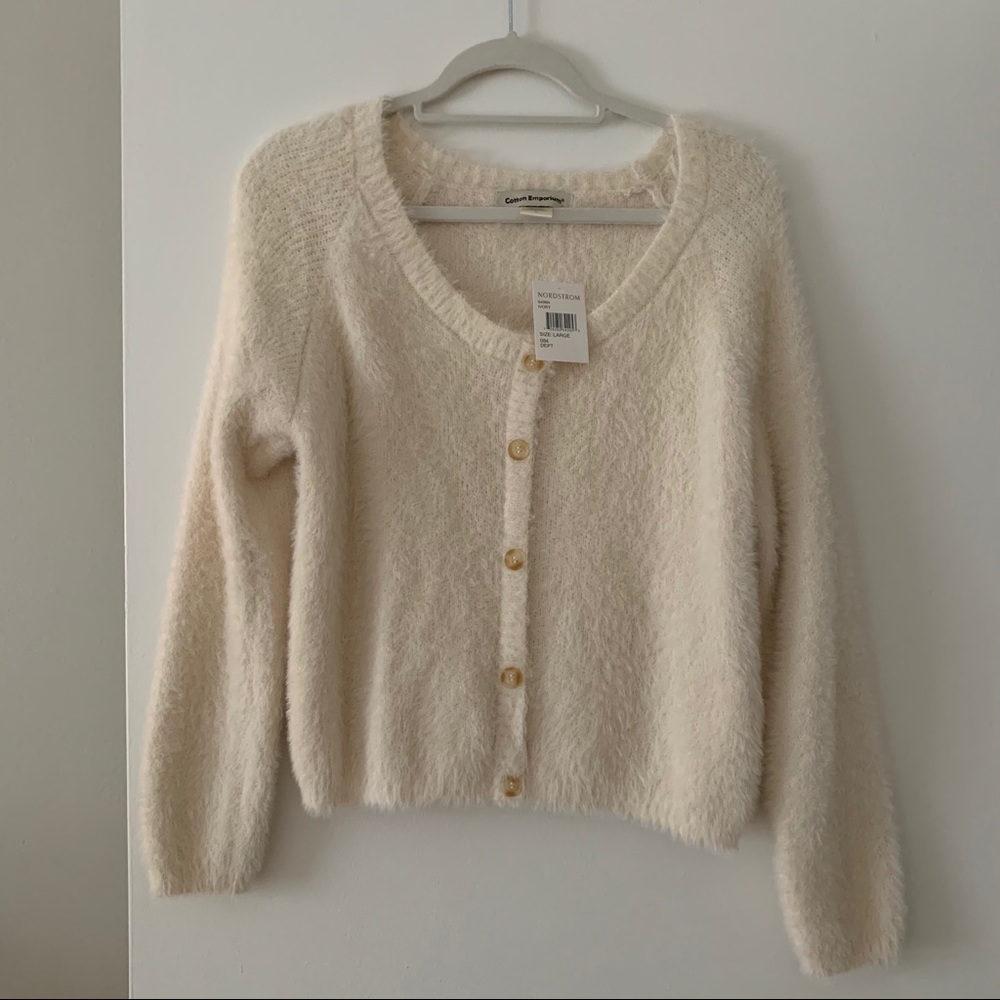 NWT cream eyelash knit crop button sweater size L
